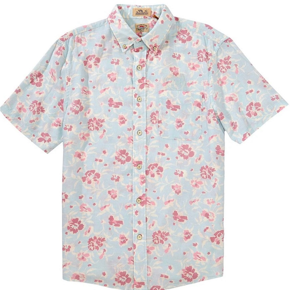 Faherty Light Blue Short-Sleeve Button-Down with Pink Floral Print